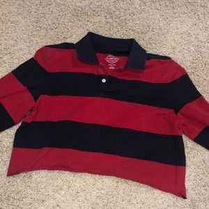 red and dark blue cropped stripe polo top